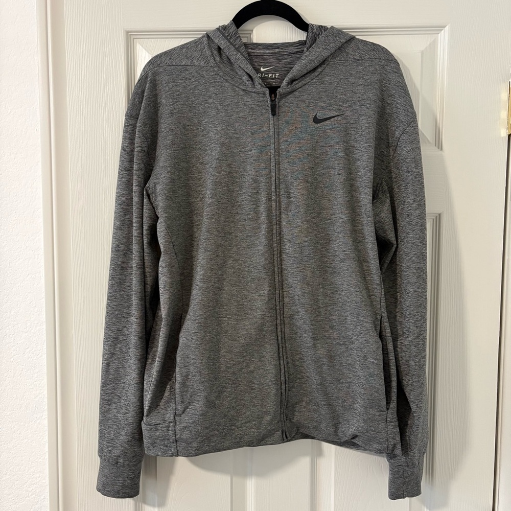 Men’s Nike Dri Fit Long Sleeve Gray Zipper Jacket Hood Gym Athletic Workout M